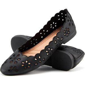 Women's Ballet Flats Black PU Leather Dress Shoes Comfortable Round Toe Slip